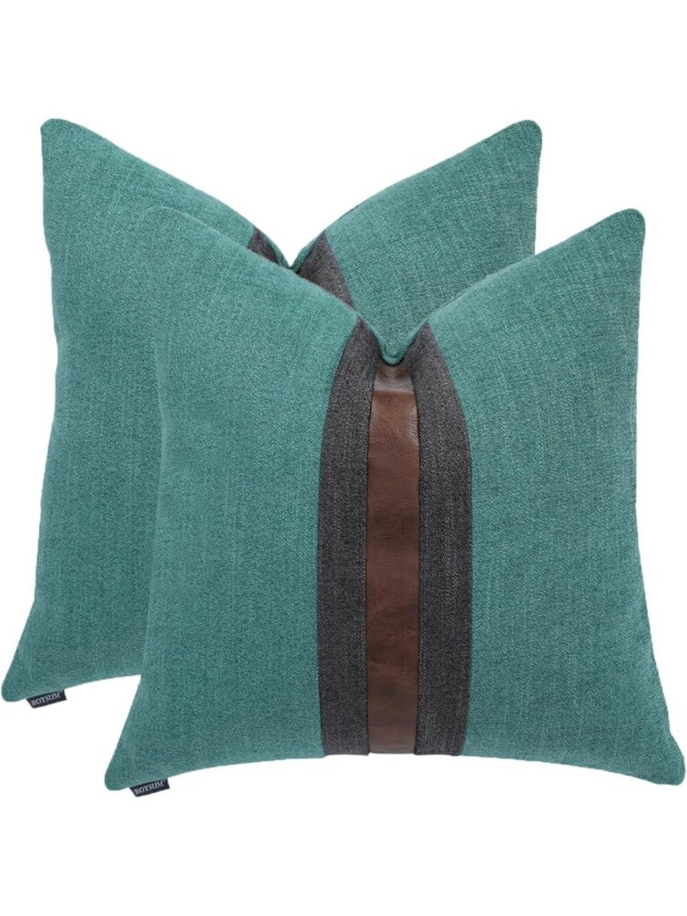 Set of 2 Green Leather Throw Pillow Covers, Cotton Linen Patchwork Decor, 20"x20